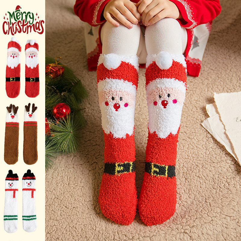 Child Christmas Socks Winter No-shedding Cute Elk Elk Santa Claus Snowman Sleeping Floor Coral Fleece Socks