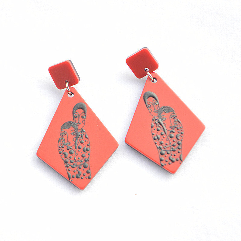 Silver Needle Korean Plate Acetate Earrings Personalized 3D Printing Black and White Sketch Girl Portrait Earrings