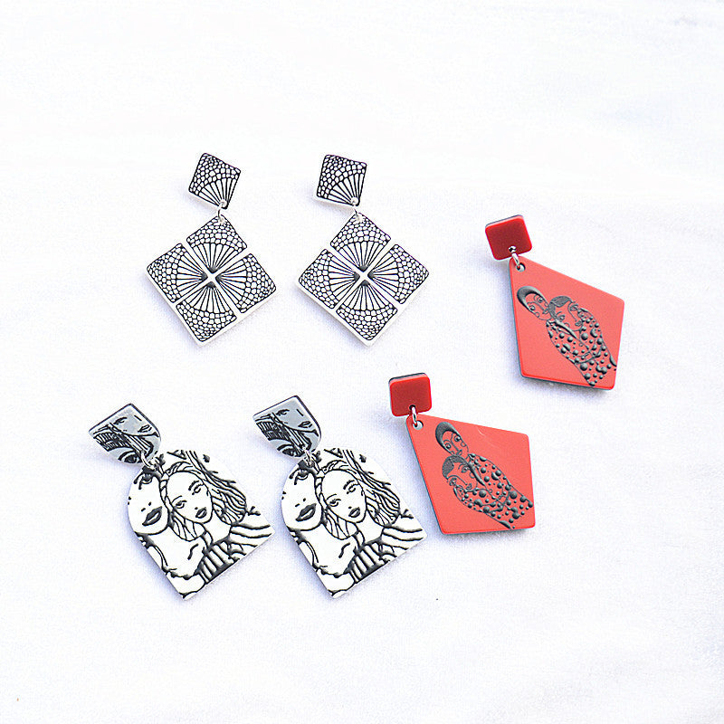 Silver Needle Korean Plate Acetate Earrings Personalized 3D Printing Black and White Sketch Girl Portrait Earrings