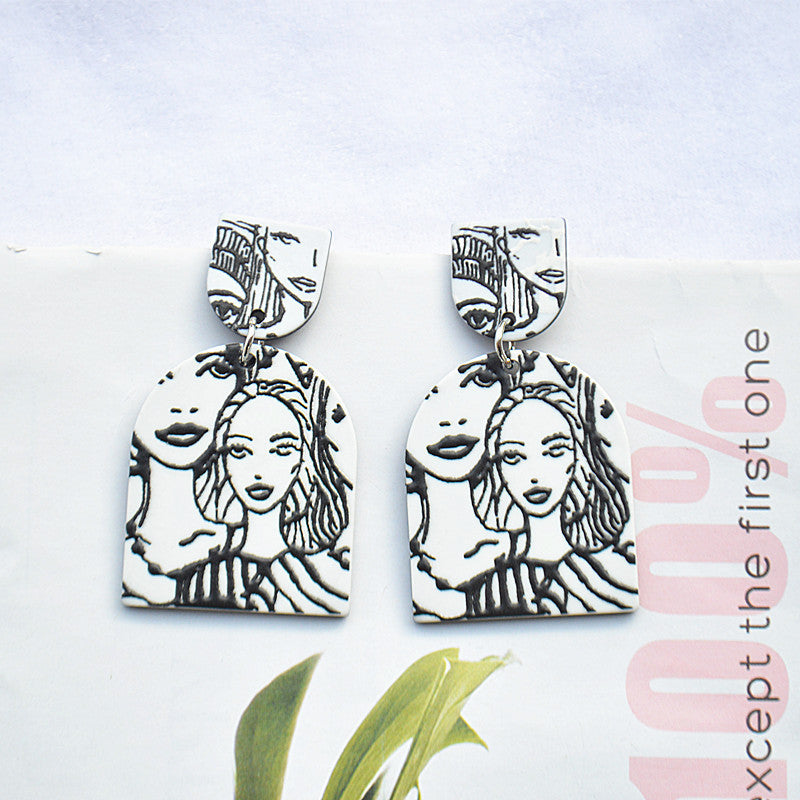 Silver Needle Korean Plate Acetate Earrings Personalized 3D Printing Black and White Sketch Girl Portrait Earrings