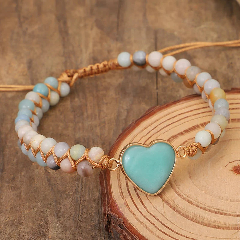 Classic Heart Shape Charm Bracelets Amazonite String Braided Macrame Wristband Teengirls Wrap Bracelet Femme Women Jewelry