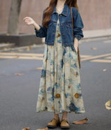 Young mature two pieces set of ink painting floral long dress and denim jacket