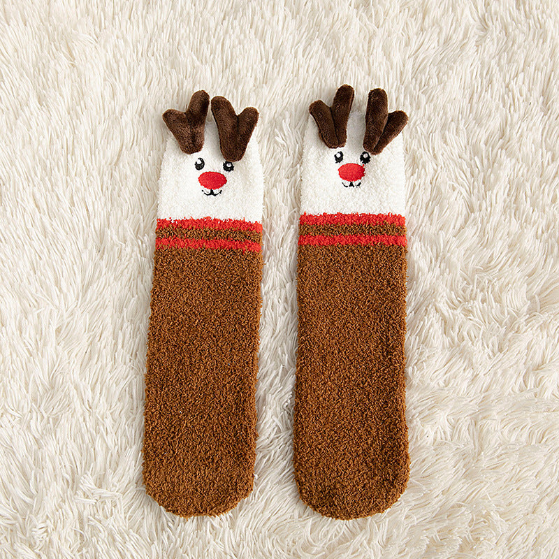 Child Christmas Socks Winter No-shedding Cute Elk Elk Santa Claus Snowman Sleeping Floor Coral Fleece Socks