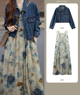 Young mature two pieces set of ink painting floral long dress and denim jacket