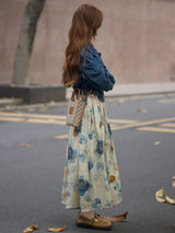 Young mature two pieces set of ink painting floral long dress and denim jacket