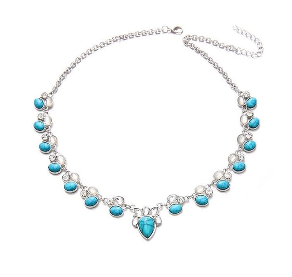 European vintage flowers necklace inlaid with turquoise