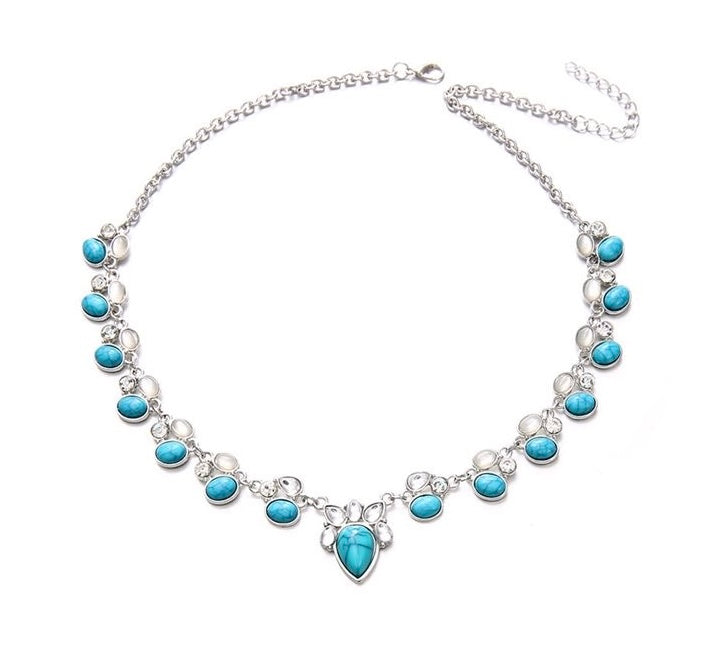 European vintage flowers necklace inlaid with turquoise