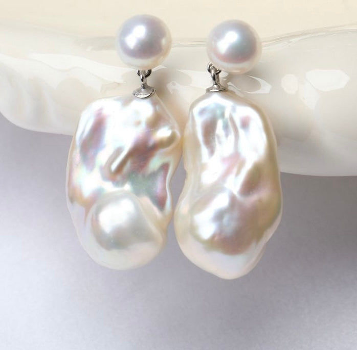 Aurora white dazzling natural freshwater irregular baroque pearl earrings double bead earrings