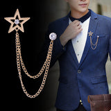 Fashion Tassel Chain Pentagram Rhinestone Brooch For Men