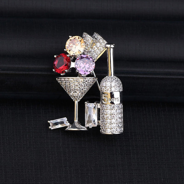 Creative Cocktail Glass Corsage Fashion Micro Inlaid Zircon Pin Temperament Trend Clothing Brooch Accessories