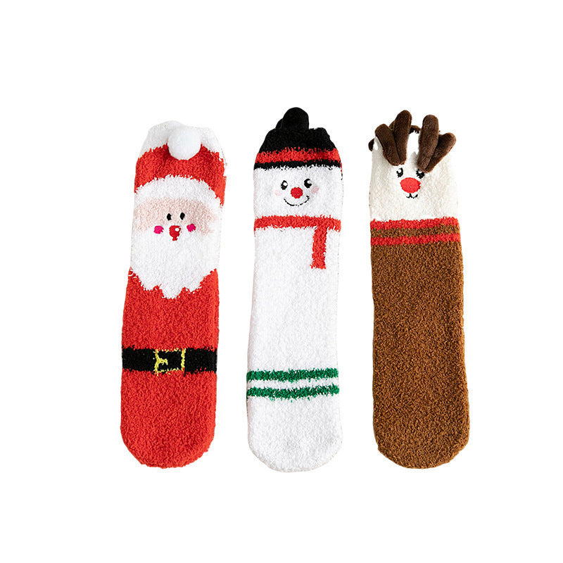 Child Christmas Socks Winter No-shedding Cute Elk Elk Santa Claus Snowman Sleeping Floor Coral Fleece Socks